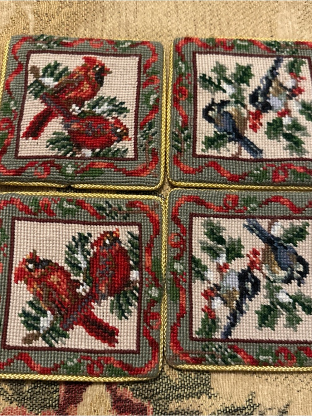 Hand-Embroidered Cardinal & Songbird Coasters - Set of 4